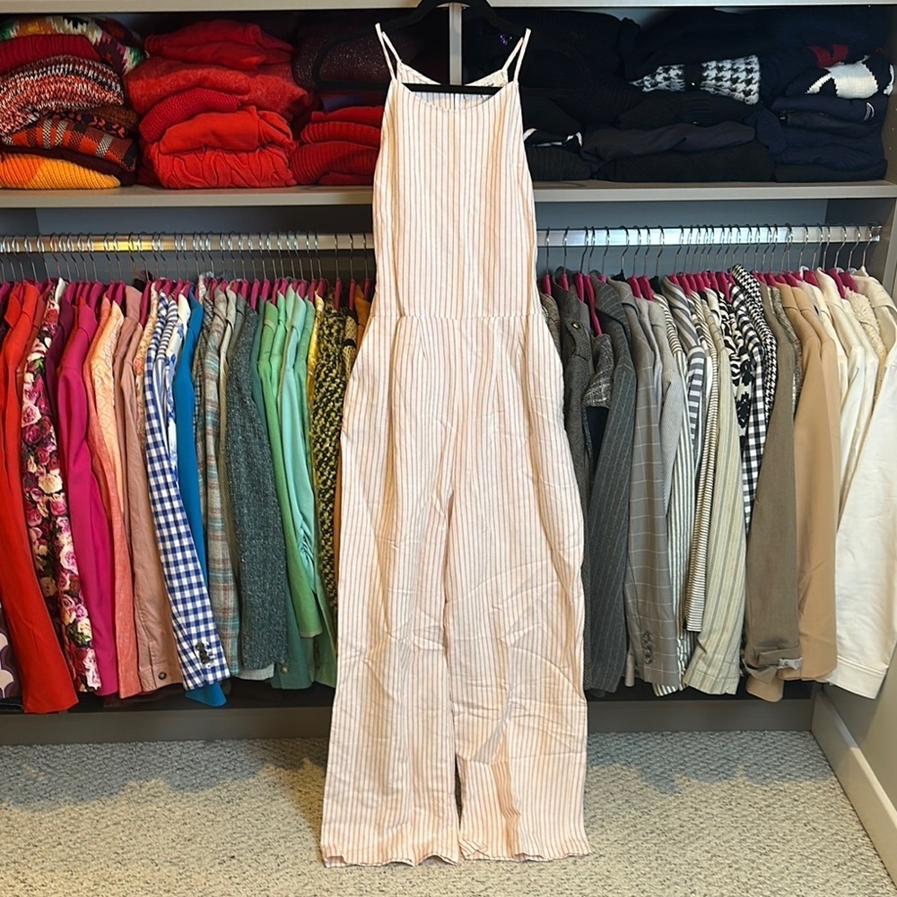 Loft white/coral striped linen blend tie back zipper/ button closure jumpsuit 4